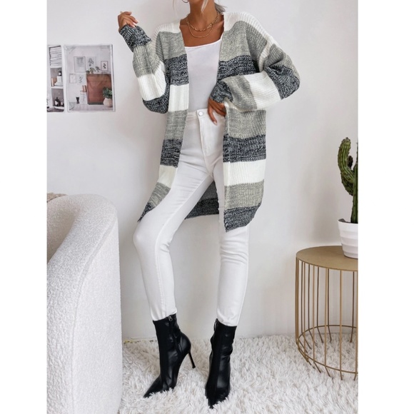 Colorblock Stripes Open Knit Cardigan Knee Length - Picture 5 of 9